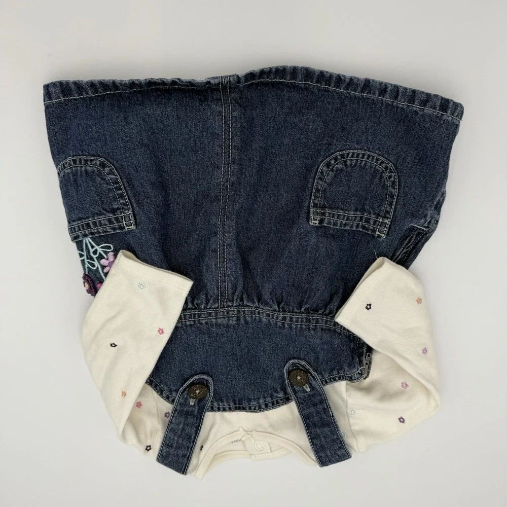 OshKosh Vestbak Denim Overall Dress Embroidered Sz 9 M Floral w/ Bodysuit‎